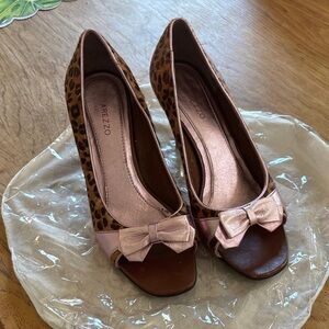Arezzo Leopard Print Peep-Toe Heels with Pink Bow